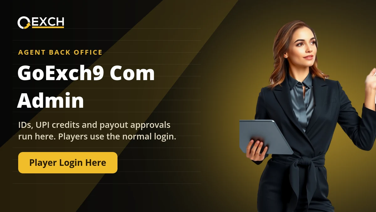 GoExch9 com admin banner with a model holding a tablet and explaining the agent back office
