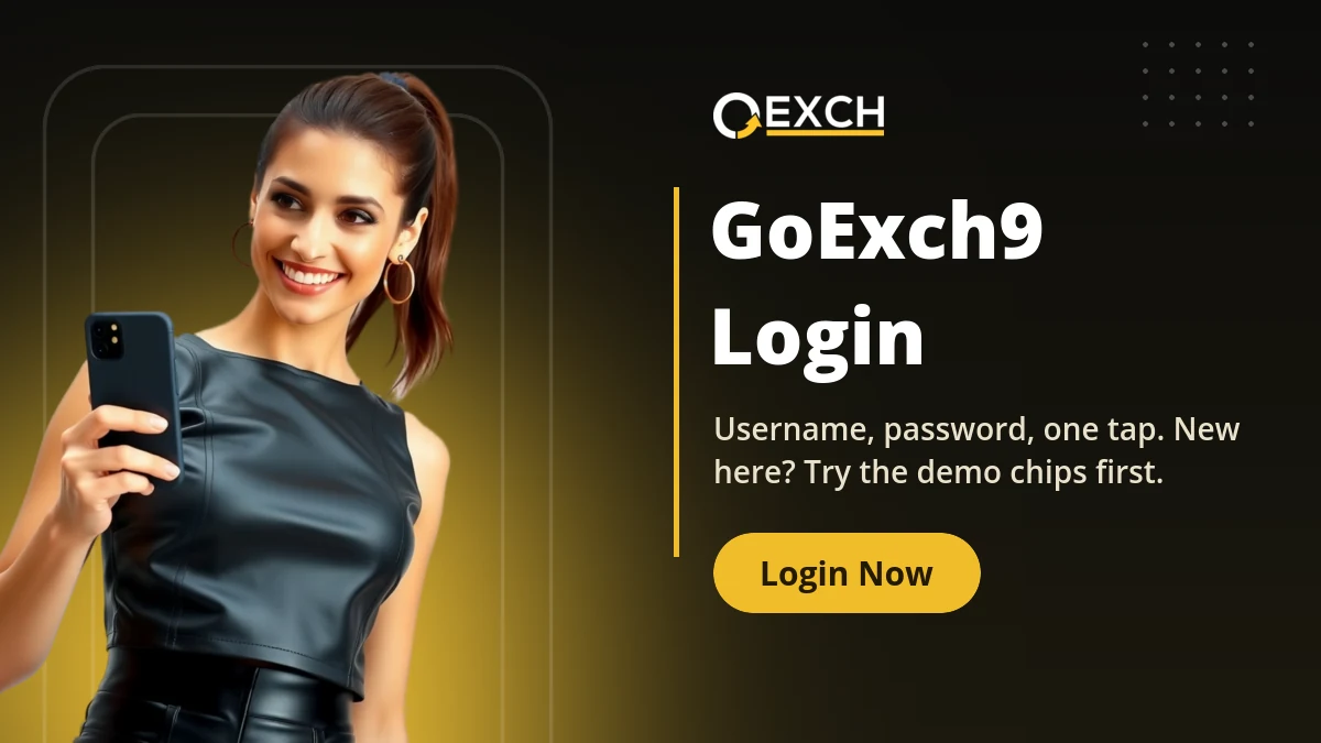GoExch9 login banner showing a model tapping her phone to sign in at goexch9.com